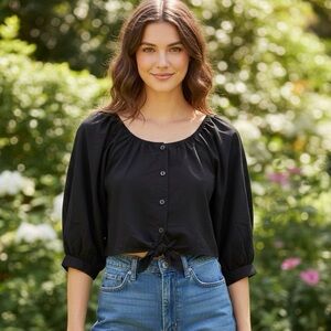 SHEIN Black Button-Up Blouse with Tie Crop Top Length